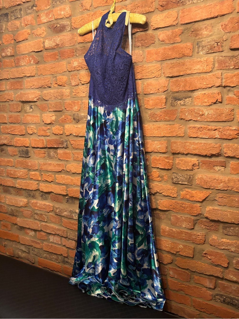 Royal Blue Lace Bodice Floral Satin Prom Gown